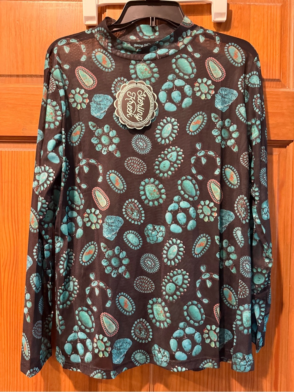 NWT! Sterling Kreek Black mesh Top with Turquoise Stone Print